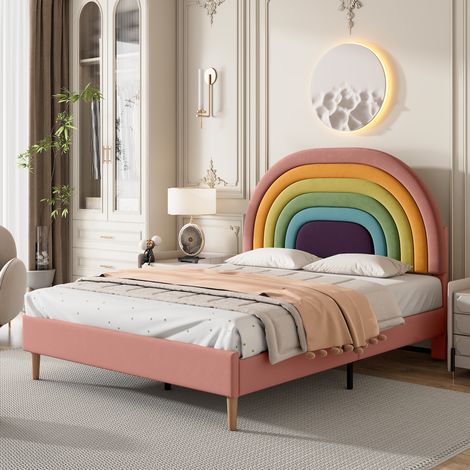 Bett 140x200 cm aus rosa Samt mit verstellbarem Kopfteil und Holzlattenrost (1/5)