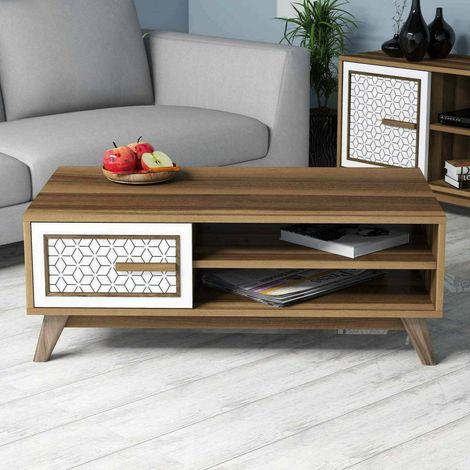 Dmora - Wohnzimmertisch Lesath, Niedriger Wohnzimmertisch, Kaffeeregal, Couchtisch für Sofa, 105x60h38 cm, Walnuss und Weiß, mit verstärkter Verpackung (1/5)