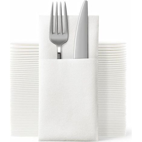 Lot de 50 serviettes jetables en tissu - Poche intégrée pour couverts - Serviettes blanches au toucher lin - Pour fête de mariage - Pré-pliées pour couverts (1/5)