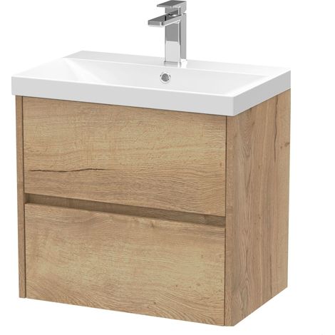 Chartley Contemporary 2 Drawer Wall Hung Vanity Unit with Thin Edge Basin, Autumn Oak, 600mm