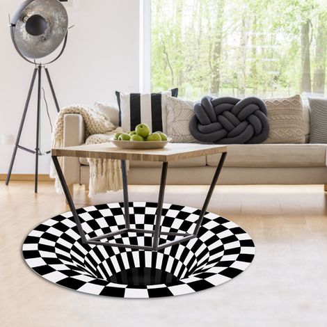 Tapis 3D Vortex rond noir blanc, antidérapant, effet grille, pour chambre salon, moquette sol intérieur (1/4)