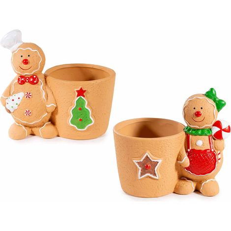 Petits pots de Noël en dolomite avec pain d'épices et détails en relief, lot de 4, 16,5 x 10,5 x H. 15 cm