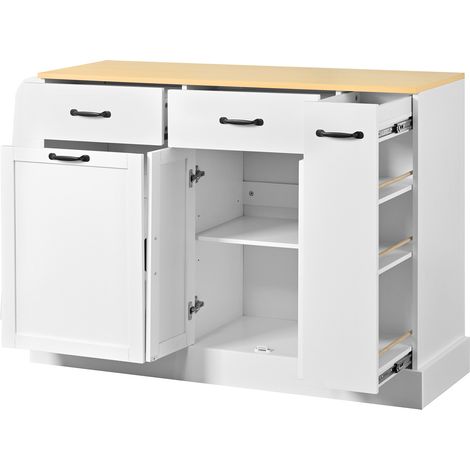 Buffet moderne à tiroirs variés, meuble de rangement avec compartiment pour poubelle et étagère à épices extérieure pour salle à manger, salon et cuisine (blanc)