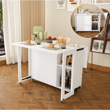Tavolo da pranzo pieghevole multifunzione con ruote bloccabili, bianco OKMYHOME (1/5)
