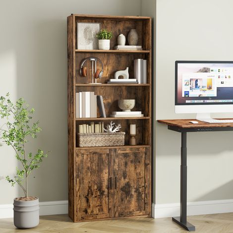 Bibliothèque, 6 Niveaux, Étagère à Livres avec Portes, 24 x 60 x 175 cm, pour Salon, Bureau, Salle à Manger, Marron (1/5)