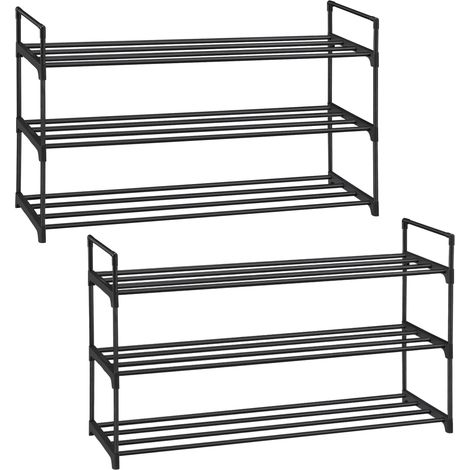 Étagère à Chaussures 3 Niveaux, Lot de 2, Porte-Chaussures, Métal, Rangement Chaussures, pour 12-15 Paires, Empilable, pour Entrée, Salon, Chambre, Dressing, 30 x 92 x 54 cm, Noir LLSA06BK (1/5)