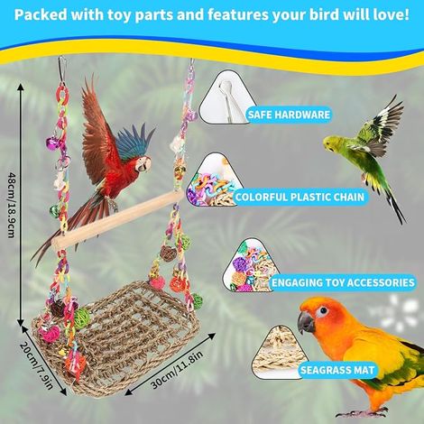 Jouet perruche, perroquet, perruche, balançoire, accessoire de cage oiseaux, en bois naturel, hamac calopsittes, pinsons, petites perruches et aras (1/4)