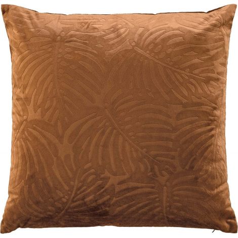 Coussin déhoussable en tissu effet velours motif feuillage en relief Analia - Marron - 50 x 50 cm - Livraison gratuite (1/5)