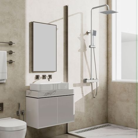 Soffione doccia quadrato 20x20cm in acciaio inox, colonne doccia con miscelatore termostatico, saliscendi regolabile 75-125cm, cromato lucido (1/5)