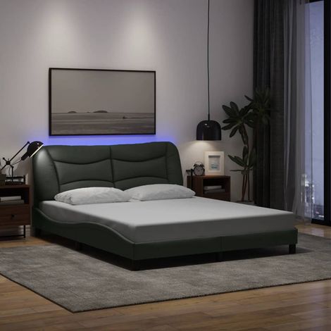 Cadre de lit avec LED sans matelas-Structure de lit à LED sans matelas Hvar gris foncé 160x200 cm tissu 776236 (1/5)
