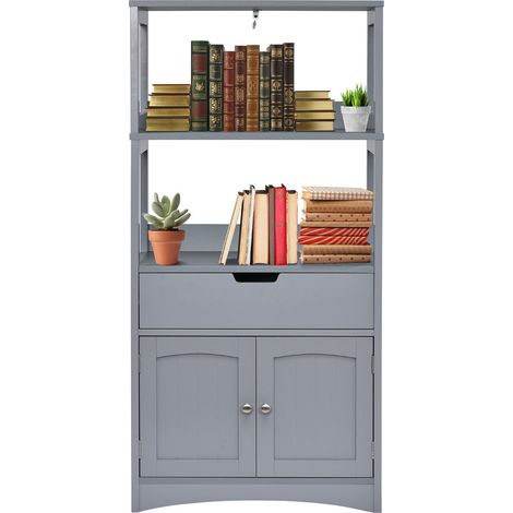Mobiletto portaoggetti per bagno 32,5 x 60 x 122 cm con cassetto e ripiani aperti stile minimalista MDF grigio 200010312