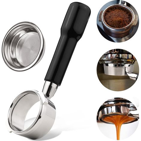 Porte-filtre nu sans fond en acier inoxydable à 2 oreilles de 58 mm, avec poignée à café en plastique et panier-filtre à tasse. (1/5)