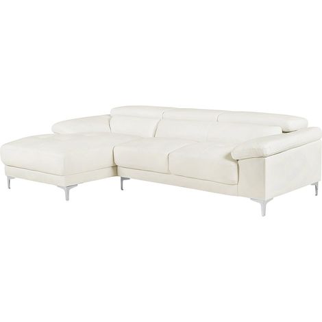 Vente-Unique – Canapé d'angle en cuir blanc – 4 places – Angle gauche – Têtières ajustables – Structure bois et métal – Cuir de vachette supérieur