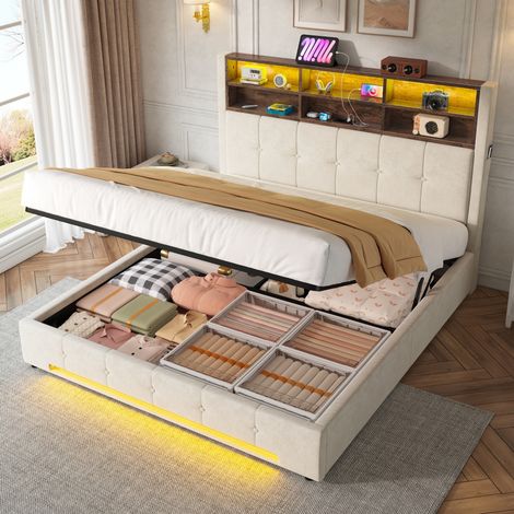 Lit coffre hydraulique 160x200 cm en velours avec éclairage LED et USB-C Lit double rembourré avec 6 niches poches latérales Beige (1/5)
