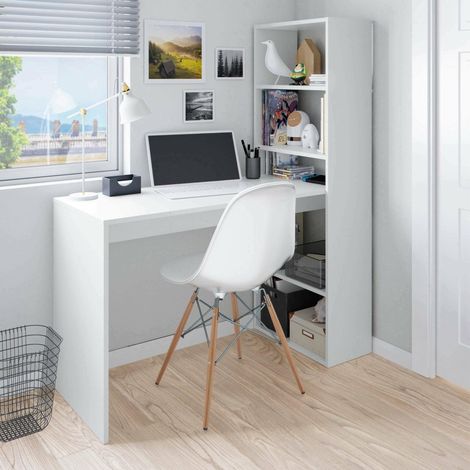 Bureau multifonction réversible avec bibliothèque 5 étagères, Table d'étude ou de bureau pour support livre PC, 120x53h144 cm, Blanc (1/5)