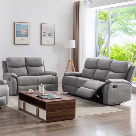 M&S – Canapé relax 3+2 places manuel en PU gris clair – Structure en bois massif – Rembourrage en mousse polyuréthane – Dimensions sofa 2 places 141x91x96 cm
