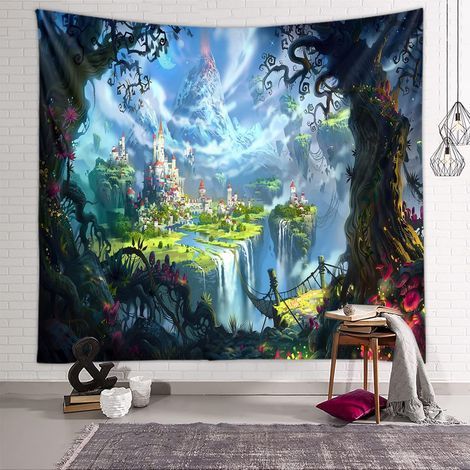 Tenture Murale Forêt Château, Tapisserie Psychédélique Fantaisie Tapisseries Murale de Fée, Tapestry Hippie Décoration Tenture Couverture pour Chambre Salon (1/5)