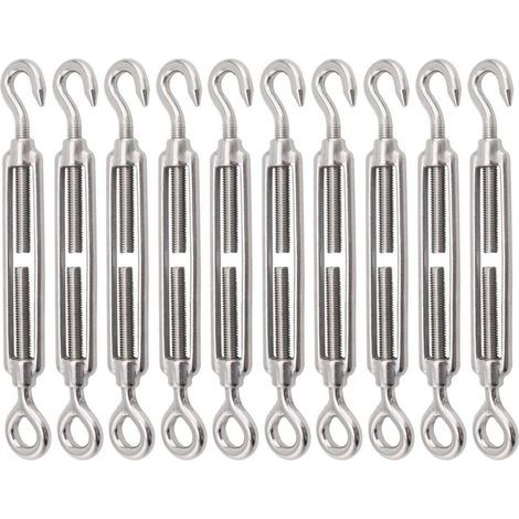 Lot de 10 tendeurs à crochet et œillet en acier inoxydable 304, tendeur robuste M8, matériel réglable pour voile d'ombrage pour serrer les câbles métalliques (1/5)