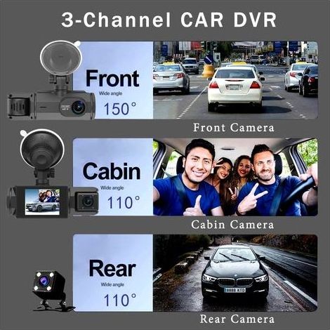 4K WiFi Dashcam Voiture Avant Arrière Intérieur, Carte SD 64G, 2160P+1080P+1080P FHD 3 Canaux Dash Cam,Camera Voiture Triple 360° Tous Côtés