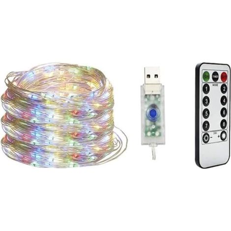 QAZQA Guirlande Lumineuse 100 LED 10M 8 modes Alimenté par USB Fairy Lights IP65 pour l'extérieur et l'intérieur en cuivre pour chambre, fête, Noël (coloré)