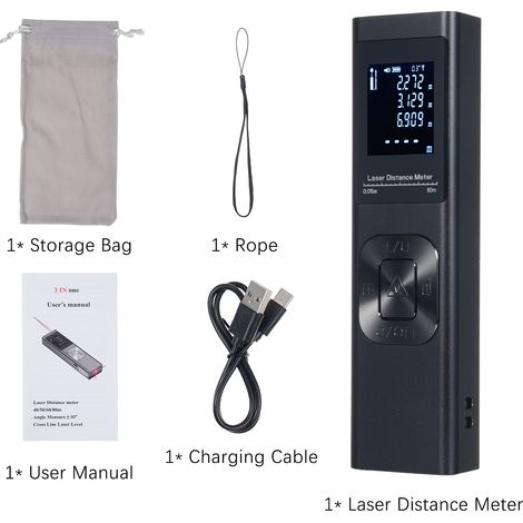 Télémètre laser 3 en 1, mesure d'angle, niveau laser à lignes croisées, capteur d'angle électrique avec écran LCD rétroéclairé, mesure de distance, surface, volume et calcul pythagoricien. (1/2)