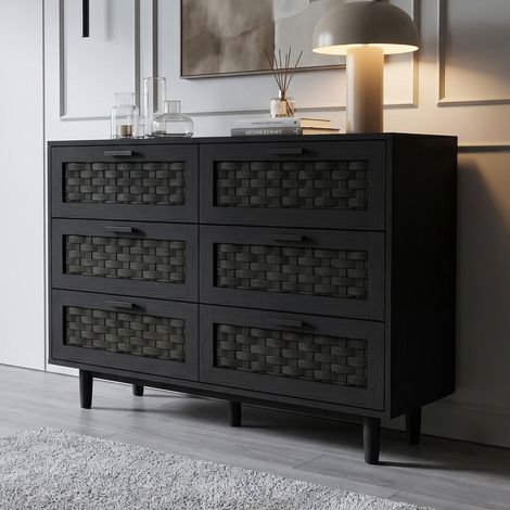 Commode en rotin et bois avec 6 tiroirs,buffet, meuble de rangement,Noir,chambres, MDF,115 x 40 x 80 cm (1/5)