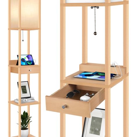 Lampadaire Salon, Dimmable, 4 Températures de Couleur Réglable, Bois Etagères et Tiroir, LED, 2 Connecteurs USB, Chambre (1/5)