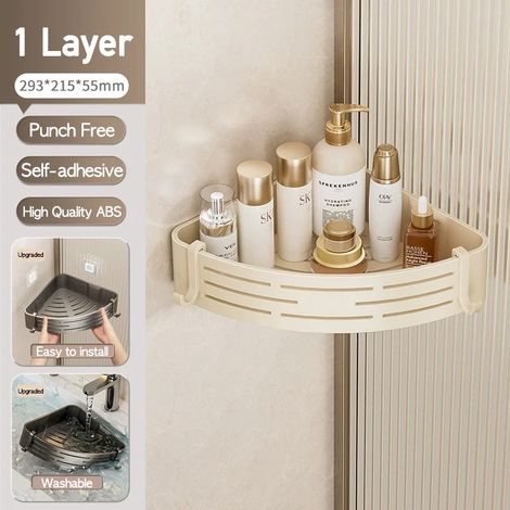 Étagère de salle de bain (blanche, 1 niveau) - Fixation murale sans perçage - Étagère d'angle - Organisateur de douche en plastique blanc - Porte-shampoing (1/5)