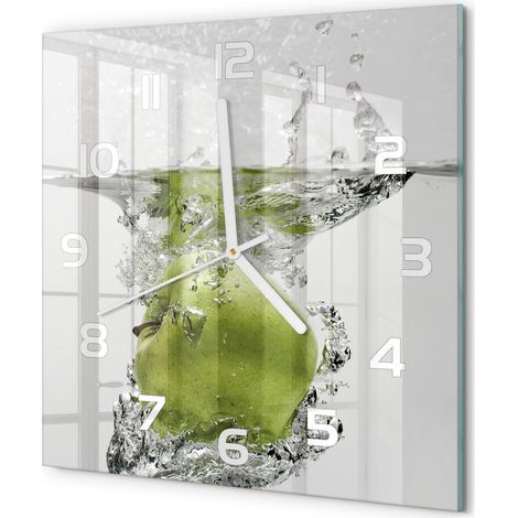 Horloge Murale Carrée Design Original Verre Silencieuse Déco Maison Pomme sous l'eau 30x30 cm (1/5)