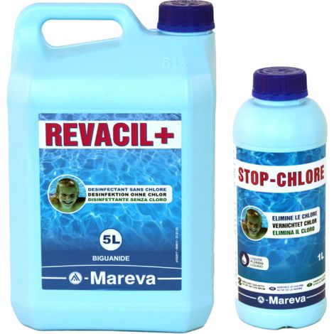 Mareva Bactericide Revacil+ Pack - Disinfettante senza cloro - 5 L - Stop al cloro - 1 L