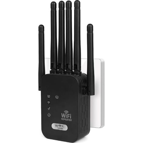 Potente ripetitore WiFi, extender WiFi con 6 antenne, 2 porte LAN, 1200 Mbps, copertura 250 m², ripetitore/router/access point per casa e ufficio (nero) (1/5)