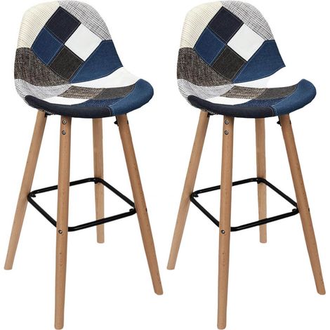 DAMAS - Lot de 2 Tabourets Patchwork Bleu et Gris (1/4)