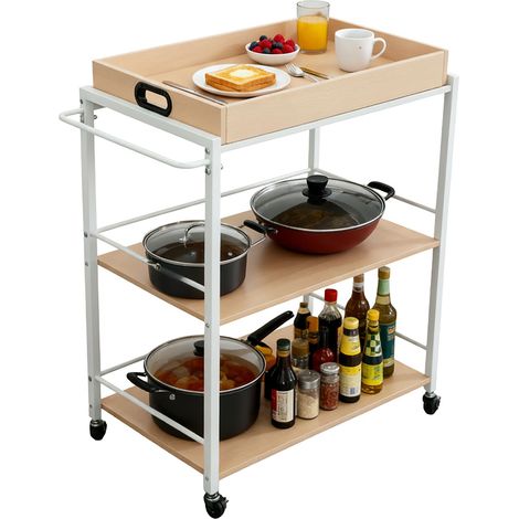 Relaxdays carrello da cucina con vassoio rimovibile, 3 ripiani, 88x70x40 cm, stile scandinavo, naturale/bianco