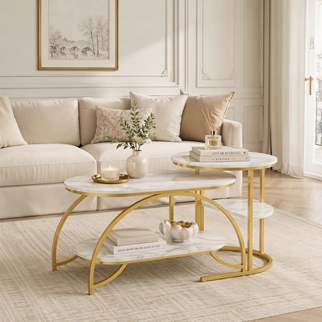 Table basse gigogne lot de 2, 80x46x45 cm, table de salon ovale et ronde avec étagère de rangement, cadre en métal effet marbre, Doré (1/5)