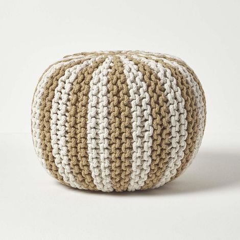 HOMESCAPES Runder Pouf, leinen-weiß, 35 x 40 cm
