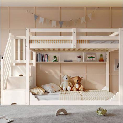 Litera infantil 90x200 cm blanca en madera con escalera con almacenaje y barreras de seguridad (1/5)