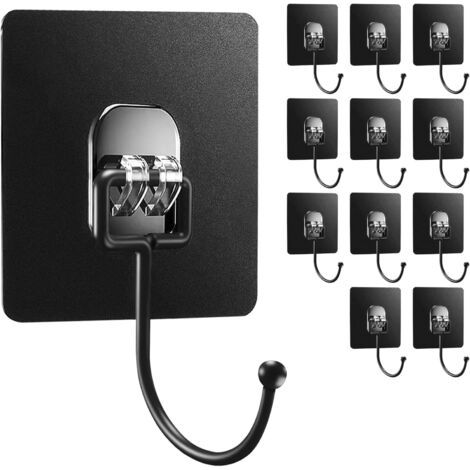 12 Pièces Crochet Adhesif Mural, Porte Manteau Mural Sans Percage 5kg, Crochets pour Cuisine/Salle de Bain, Etanche, Antirouille(Noir) (1/4)