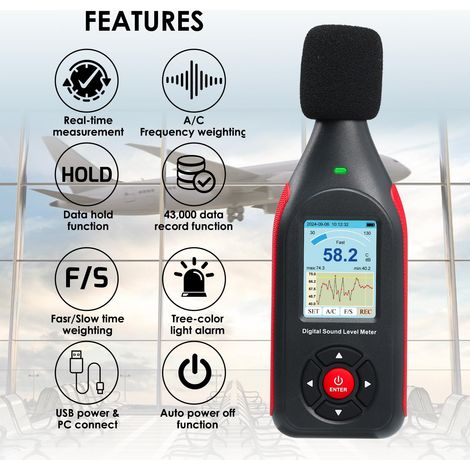 Fonometro Datalogger con allarme visivo, 43.000 Data Logger, Monitor SPL, Lettore di rumore, Schermo colorato, Collegamento al PC per casa, fabbrica, aula, ecc. (1/4)