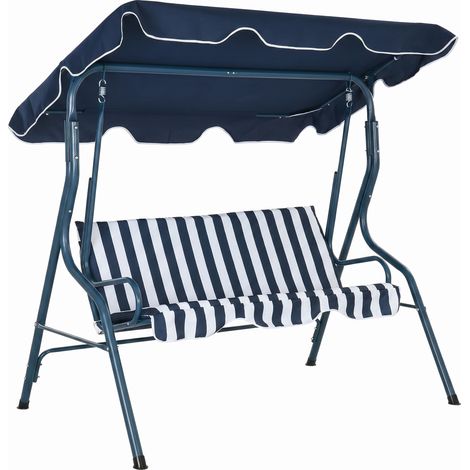 Balancelle de Jardin 3 Places Toit imperméabilisé Inclinaison réglable Coussins Assise Dossier Bleu Blanc rayé (1/5)