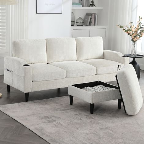 Sofá 4 plazas de chenilla beige con puff arcón, portavasos y bolsillos laterales 196,5 cm (1/5)