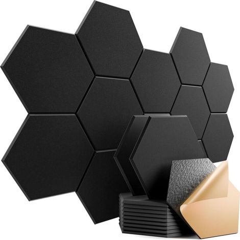 Lot de 12 panneaux acoustiques autocollants – Diamètre 36 cm – Design hexagonal élégant – Ignifuge – (Noir) (1/5)