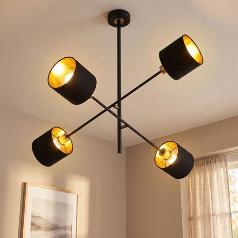 Lampada a sospensione lampada a sospensione plafoniera in metallo tessuto 4 fiamme lampada da pranzo, faretto color oro nero, 4x prese E14, HxLxP 81x77.5x77.5cm, WOFI 6603.04.10.9000 (1/4)