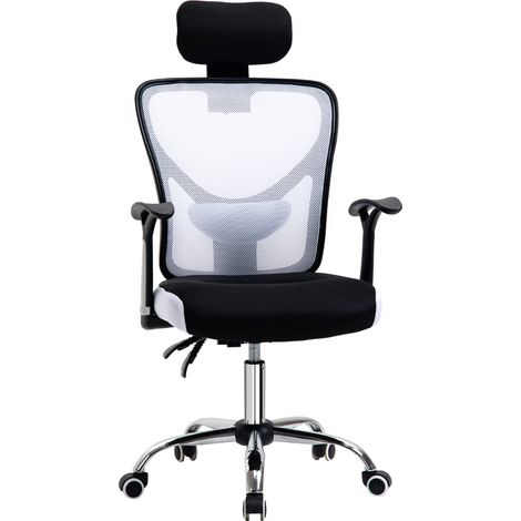 Fauteuil de bureau, chaise de bureau en maille avec hauteur réglable, dossier inclinable, 62x67x118cm, noir et blanc