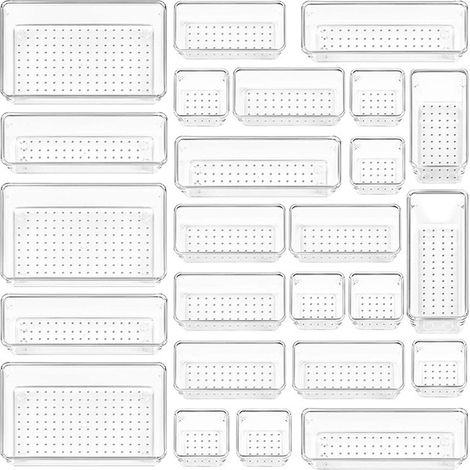 Ensemble de 25 organisateurs de tiroirs en plastique transparent, plateaux de rangement polyvalents de 4 tailles pour salle de bain et coiffeuse, bacs de rangement pour maquillage, chambre, ustensiles