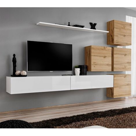 Meuble TV Mural Design "Switch IX" 310cm Blanc & Naturel (1/4)