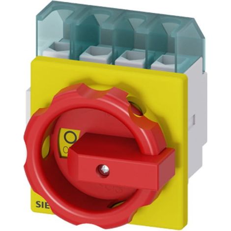 Interrupteur principal/de secours triphasé/neutre 25 A 9,5 kW AC23A 400 V, montage sur panneau, bouton jaune-rouge, 4 trous, 3LD2103-1TL53