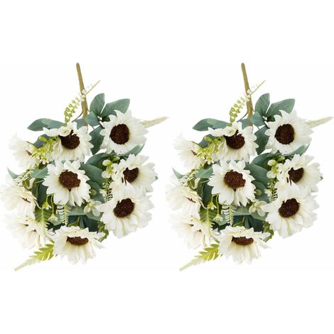 Lot de 2 bouquets de tournesols artificiels en forme d'éventail, 9 têtes de fleurs en soie pour décoration de maison, de mariage, 46 cm, jaune (blanc) (1/5)
