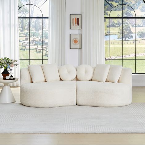 Divano modulare 2 pezzi in ciniglia beige avorio 223 x 109 x 79 cm con 6 cuscini DESVIAE (1/5)