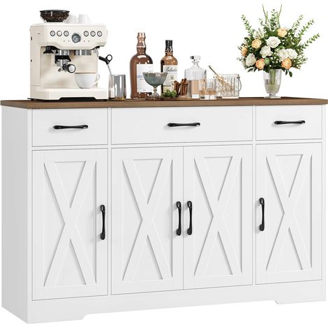 Sideboard 140×81×38,6 cm Küchenschrank Buffetschrank Aufbewahrungsschrank 3 Schubladen 4 Türen verstellbare Einlegeböden Küchenbuffet Wohnzimmerschrank Esszimmerschrank Weiß