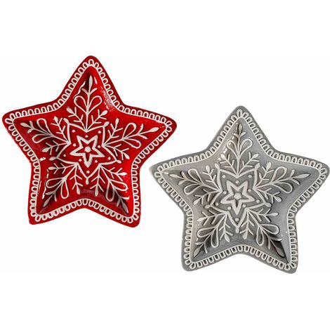 Piatti natalizi decorativi a forma di stella in ceramica con decori in rilievo, set da 2 pezzi